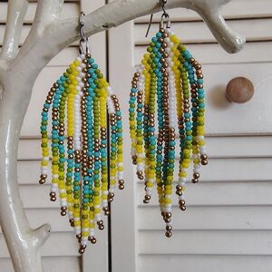New Handmade Boho Beaded Fringe Earrings – Yellow, Green & Bronze – SS Hooks OS